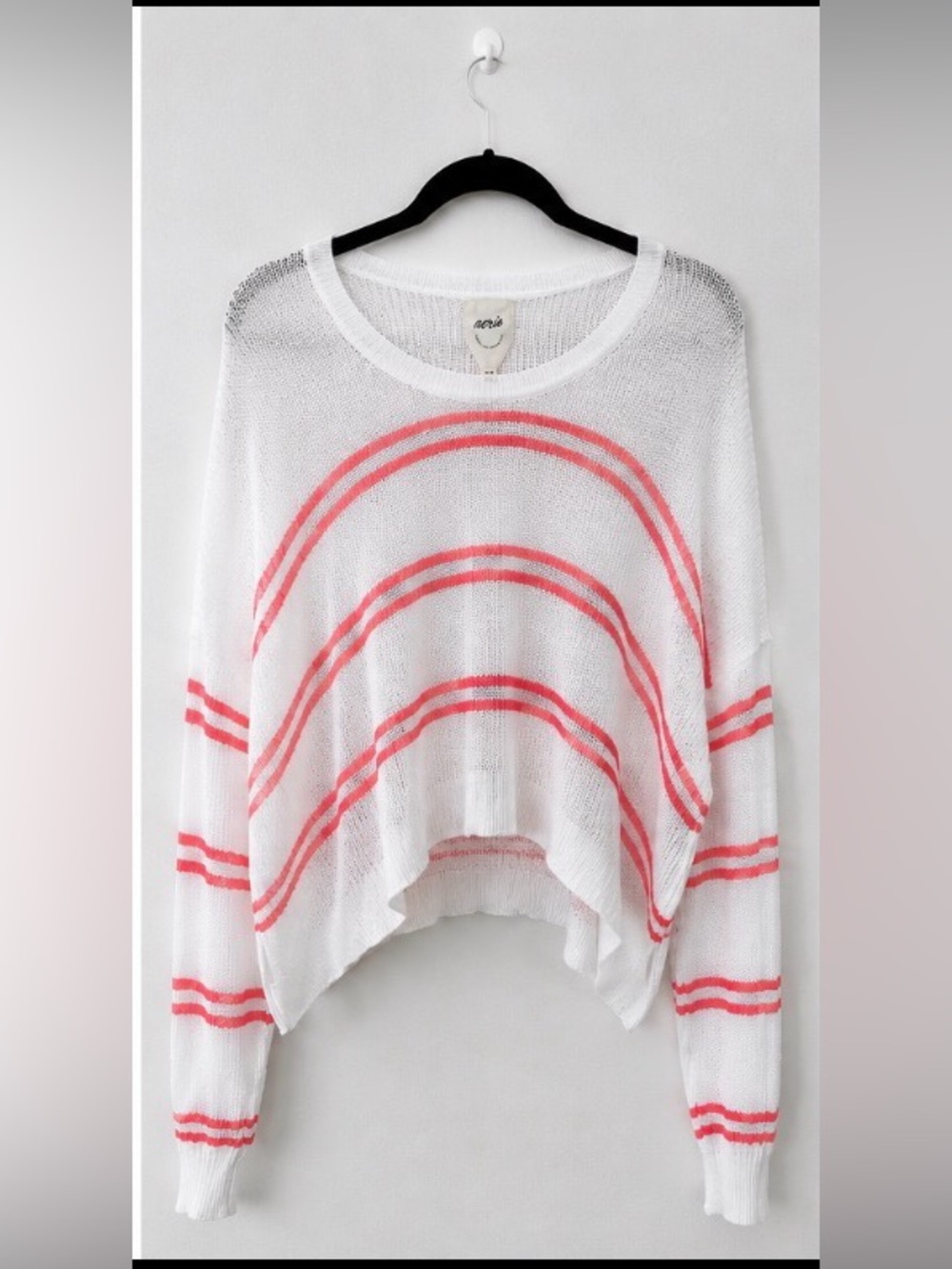 Aerie Open Knit Striped Sweater Medium White Coral Pink Oversized High Low Hem